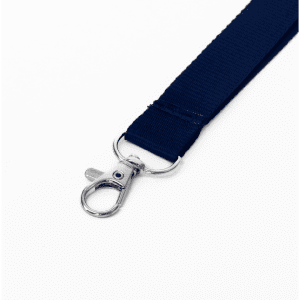 A navy blue ribbed lanyard featuring a metal clip for attaching items, designed for events and exhibitions.