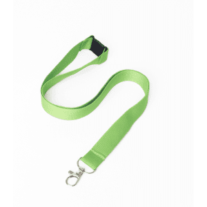 A green flat ribbed lanyard with a detachable clip and a black plastic buckle.