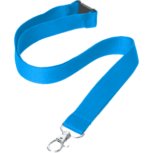 A blue flat ribbed lanyard with a silver clip, designed for holding items securely.