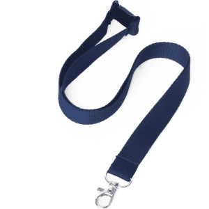 A navy blue flat ribbed lanyard with a clip at one end and a buckle attachment.