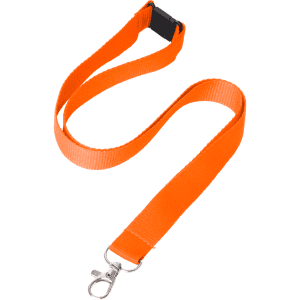 An orange flat ribbed lanyard, 20mm wide, featuring a metal clip and a sturdy plastic buckle.