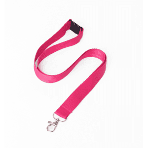 A pink ribbed lanyard with a metal clip and a black buckle. Ideal for events and exhibitions.