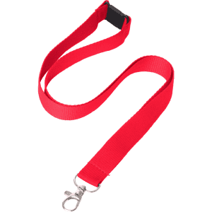 A red flat ribbed lanyard, 20mm wide, featuring a clip and a buckle. Suitable for holding IDs or badges.