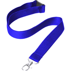 A blue flat ribbed lanyard, 20mm wide, featuring a metal clip and a branding logo.