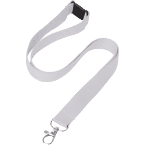 A flat ribbed lanyard in white, featuring a metal clip and a plastic buckle. Ideal for exhibitions and events.