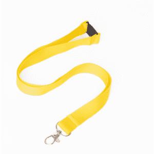 A bright yellow flat ribbed lanyard with a metal clip attachment, designed for holding ID cards or badges.