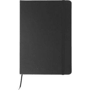 A5 notebook in sleek black with an elastic band closure and bookmark ribbon. Features a minimalist design.