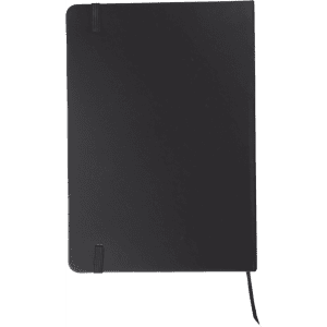 A5 notebook in black featuring an elastic band closure and a ribbon bookmark, with a logo on the cover.