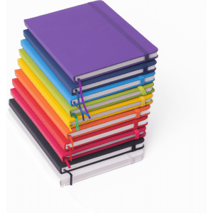 A stack of A5 notebooks in various bright colours, featuring elastic closures and a sleek design.