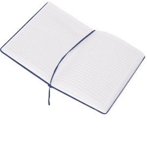 A5 notebook with a navy blue cover, featuring lined pages and a matching elastic band closure.