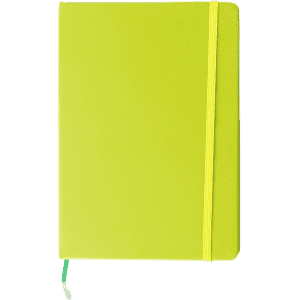 A5 notebook in bright lime green with a rubber band closure and a ribbon bookmark. Features a logo on the cover.