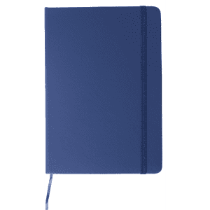 A5 notebook in a deep blue colour with an elastic band and a ribbon bookmark. Features a logo on the cover.