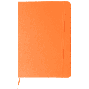 An orange A5 notebook with a ribbon bookmark and an elastic band for closure, featuring a logo.