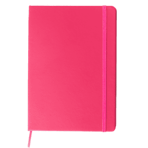 A5 notebook in vibrant pink with a matching elastic closure. Features a smooth cover and a logo.