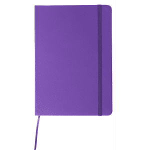 A5 notebook in vibrant purple with an elastic closure and a ribbon bookmark. Features a logo on the cover.