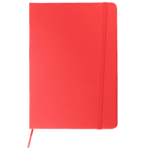 A5 notebook in a vibrant red colour with a matching elastic closure and a branding logo on the cover.