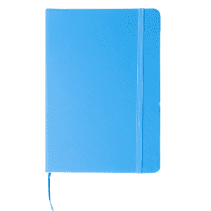A5 notebook in bright blue with a elastic band closure, featuring a logo on the cover.