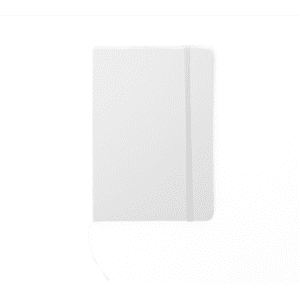 A5 notebook in white with a ribbon marker and an elastic band closure. It features a branding logo on the cover.
