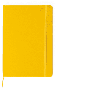 A5 notebook in bright yellow, featuring a smooth cover and an elastic band for secure closure.