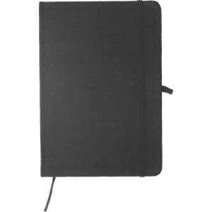 A fabric-covered A5 notebook in black, featuring an elastic band closure and a ribbon bookmark.