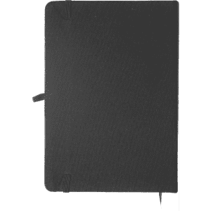 A black fabric covered A5 notebook with elastic closure and a ribbon bookmark. It includes a logo on the cover.