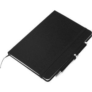 A black fabric-covered A5 notebook with an attached pen, featuring an elastic band closure.