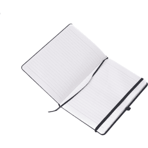 Fabric-covered A5 notebook with lined pages and a black elastic closure. The interior pages are blank and unmarked.