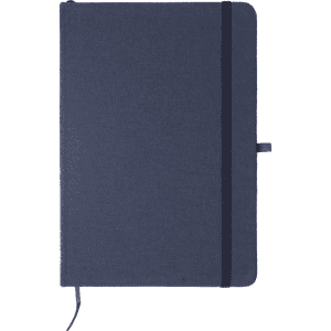 A fabric-covered A5 notebook in navy blue, featuring an elastic band and a ribbon bookmark.