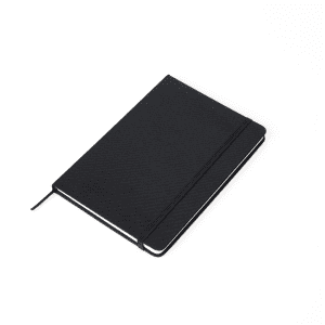 A black RPET notebook with a textured cover and an elastic band closure, featuring white pages.