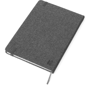 A grey RPET notebook with a textured cover and elastic closure, featuring a logo on the front.