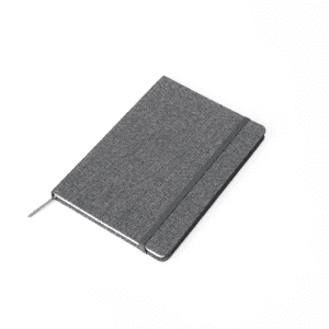A grey RPET notebook with a textured cover and an elastic band closure, featuring a ribbon bookmark.