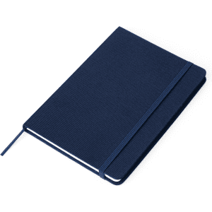 A navy RPET notebook with a textured cover and an elastic band closure, featuring a ribbon bookmark.