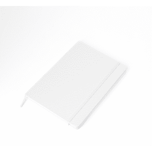 A white notebook with a textured cover and an elastic band closure, featuring a logo on the front.