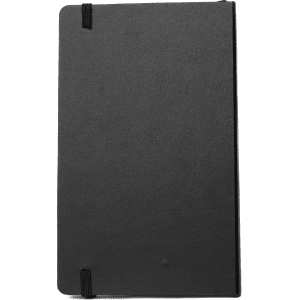 A black A5 premium hard cover notebook with elastic band closures and a smooth finish.