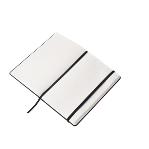 An open A5 premium hard cover notebook with black covers and lined pages, featuring an elastic closure.