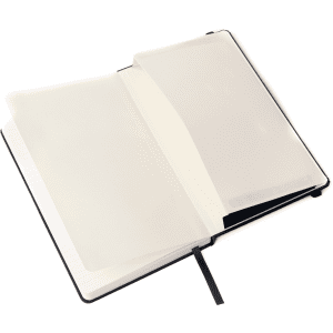 A5 Premium Hard Cover Notebook with a black exterior, featuring blank white pages and a ribbon bookmark inside.