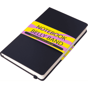 A5 premium hard cover notebook in black with a colourful belly band around it. Features a branded logo.