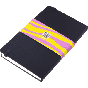 A5 premium hard cover notebook in black, featuring a colourful band in pink and yellow. Includes a logo on the cover.