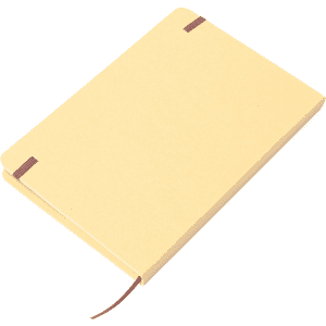 A recycled notebook in a light brown colour, featuring elastic closures and a brown ribbon. It has a simple design and no visible logos.