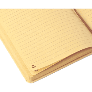 A recycled notebook featuring lined pages and a brown cover, with a small logo on the corner.