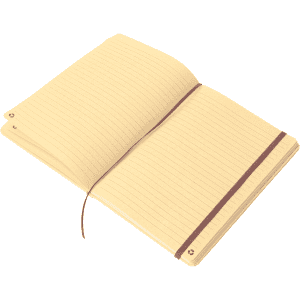 A recycled notebook with lined pages and a brown elastic closure, featuring a minimalist design in pale yellow.