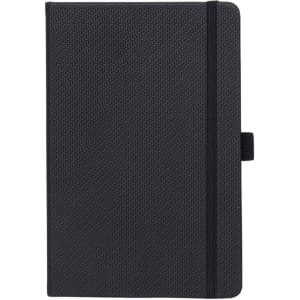 A5 carbon notebook in black featuring a textured cover and an elastic band closure. Includes a branding logo.