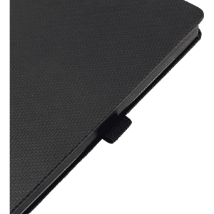 A5 carbon notebook in black with a textured cover and a ribbon bookmark.