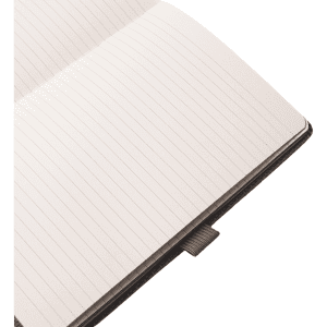 A5 carbon notebook with lined pages and a dark cover, featuring an attached ribbon marker and logo.