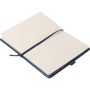 A5 Carbon Notebook in navy blue with lined pages and an elastic band closure. Features a logo on the cover.