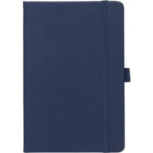 A5 carbon notebook in navy blue with a textured cover and elastic band closure. Features a logo on the front.