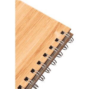 A bamboo notebook featuring a natural wood finish and spiral binding. It has a simple, eco-friendly design.