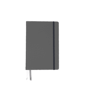 A grey A5 notebook featuring a black elastic band and two ribbon bookmarks, with a logo on the cover.