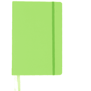 A bright green A5 notebook with an elastic band closure and a ribbon marker. It features a logo on the cover.