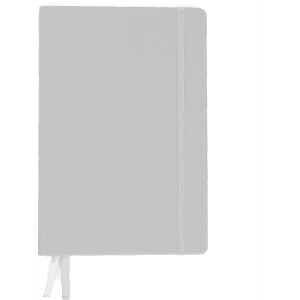 A grey A5 notebook with a white elastic band and ribbon bookmark, featuring a branding logo.
